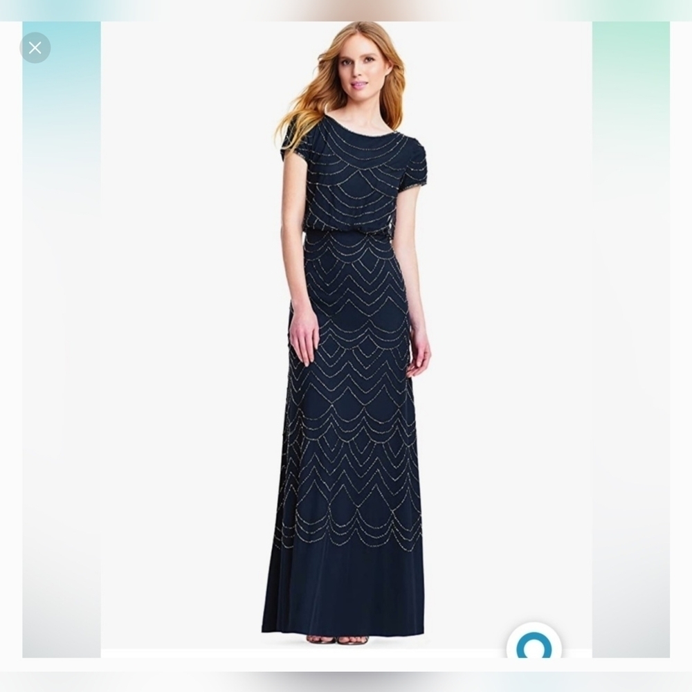 Adrianna Papell Blouson Demure Modest Embellished Beaded Maxi Gown Navy Size 4